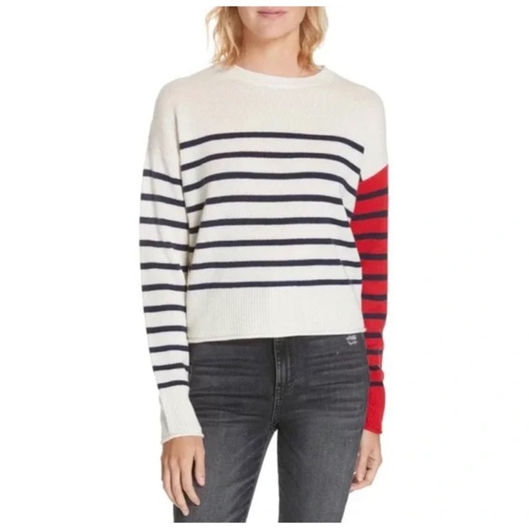 Nordstrom Cashmere Striped Crewneck Sweater Cream Navy Red XS